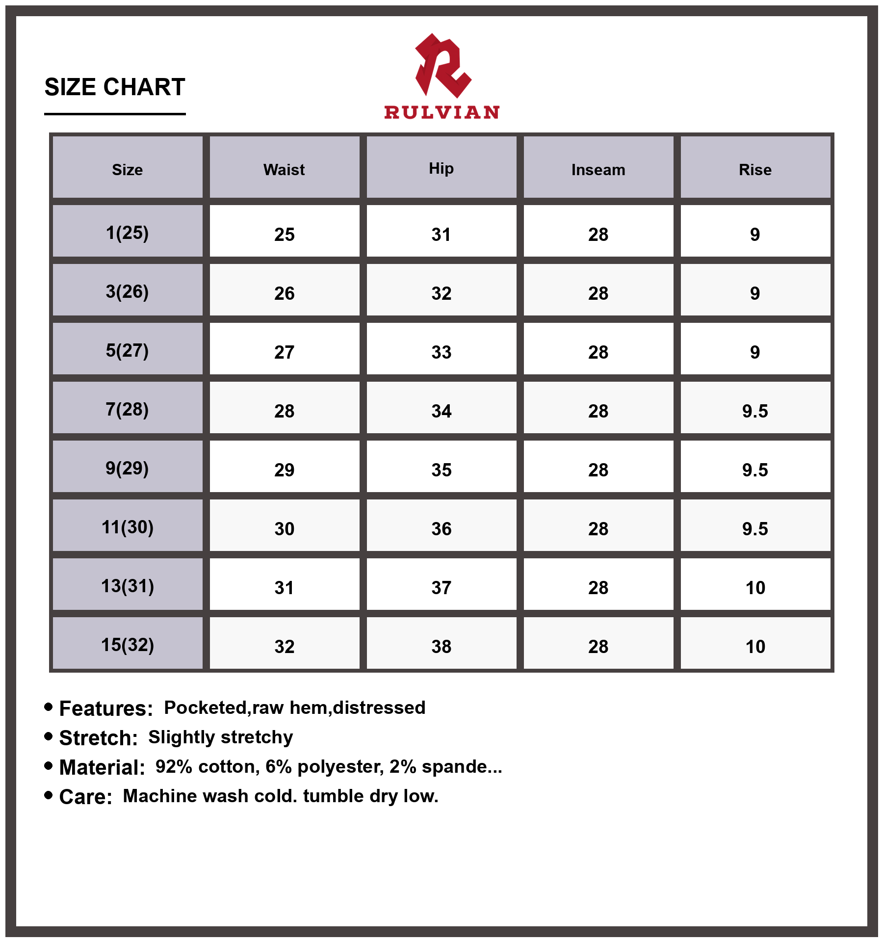 Size Chart - Women's Crop Jeans Distressed Raw Hem Mid Rise Flare Silhouette Denim Pants Premium Stylish Modern Versatile