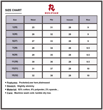 Size Chart - Women's Crop Jeans Distressed Raw Hem Mid Rise Flare Silhouette Denim Pants Premium Stylish Modern Versatile