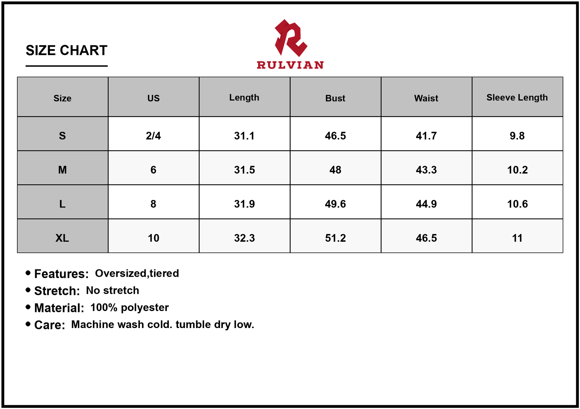 Size Chart - Women's V-Neck Babydoll Tiered Mini Dress 100% Polyester Lightweight Short Sleeve Flowy Everyday for Spring and Summer