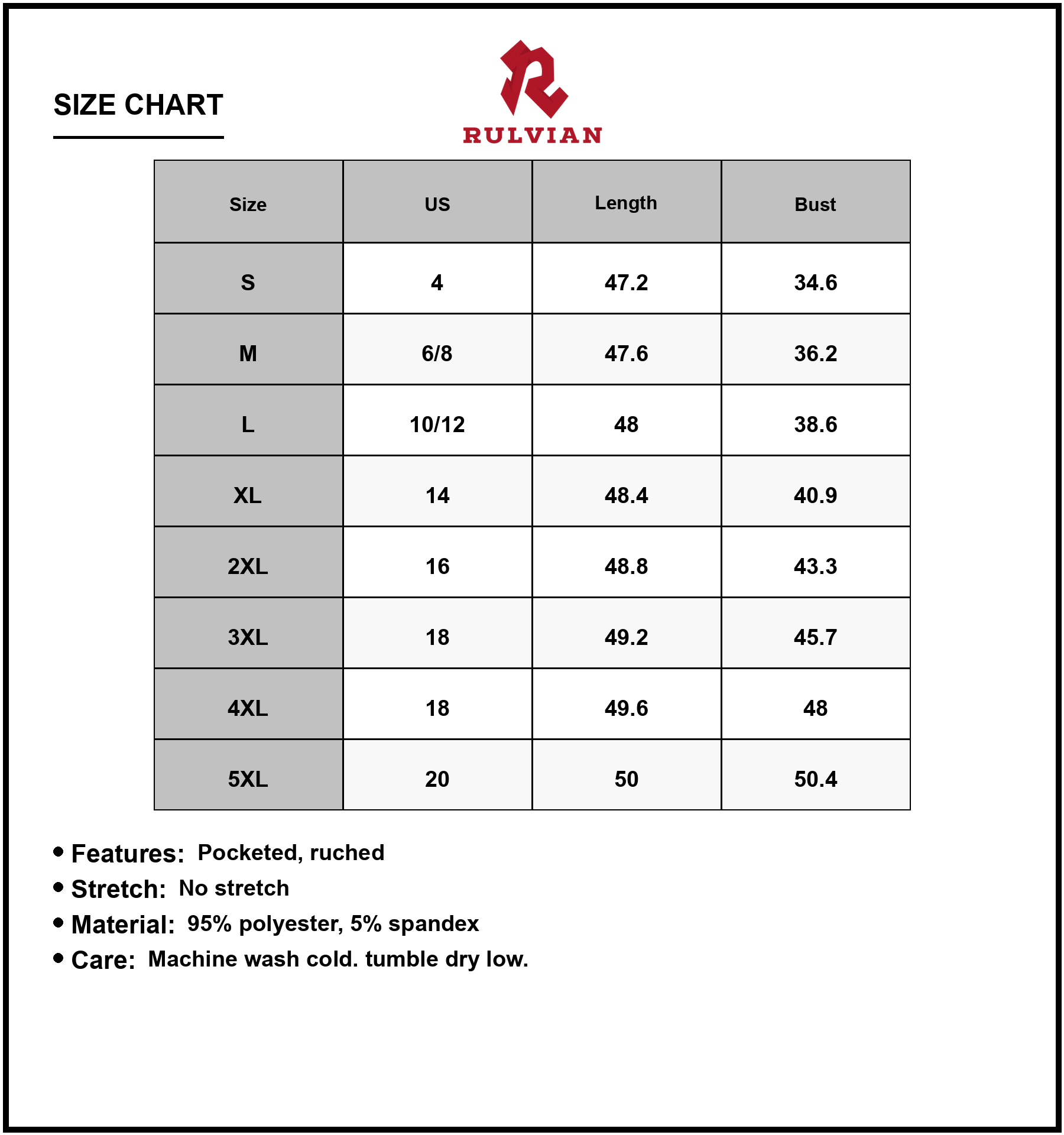 Size Chart - Women's Full Size V Neck Sleeveless Dress with Pockets Plus Size Casual Flattering Fit 95% Polyester 5% Spandex