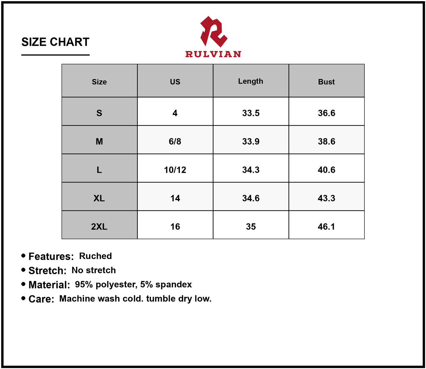 Size Chart - Women's V Neck Sleeveless Mini Dress Ruched Bodice Not Lined 95% Polyester 5% Spandex Dress For Day Or Evening