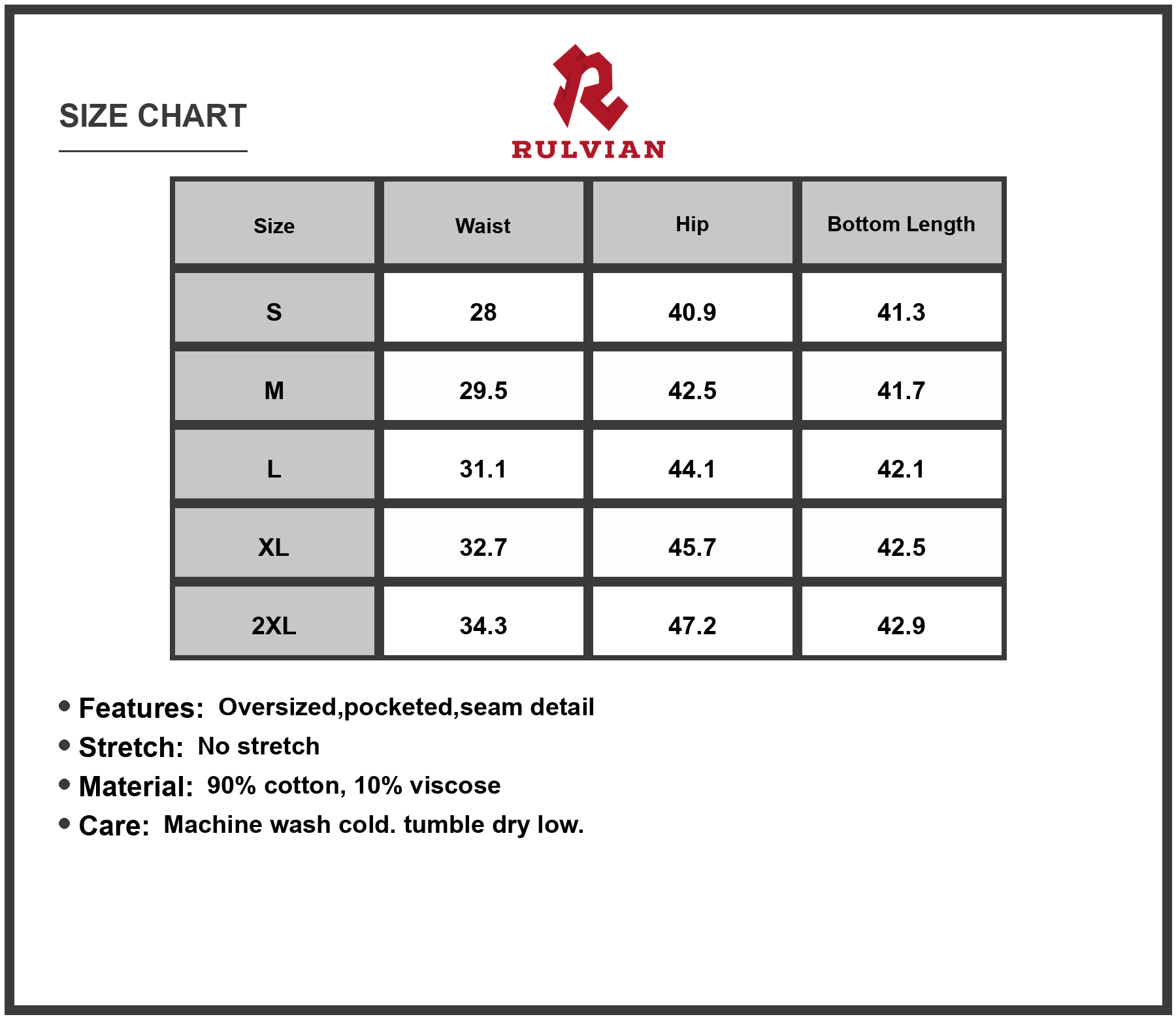 Size Chart - Men High Waist Curved Jeans with Pleated Detail and Oversized Pockets 90 percent cotton 10 percent viscose durable