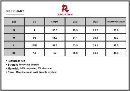 Size Chart - Women's Square Neck Wide Strap Midi Tank Dress with Slit Stretch 95% Polyester 5% Elastane Moderate stretch for comfort