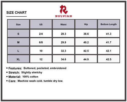 Size Chart - Women's Embroidered Straight Leg Jeans with Pockets Buttoned Slightly Stretchy High Quality Durable Everyday Casual Apparel