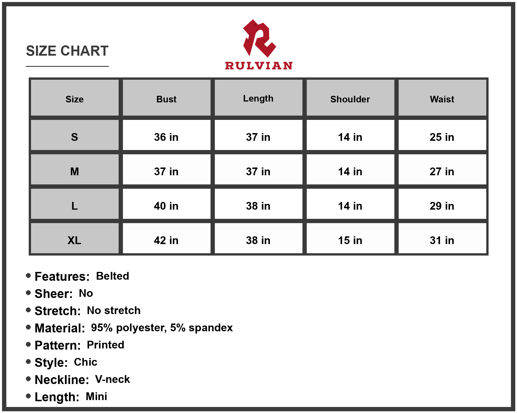 Size Chart - Women's Floral V Neck Tie Waist Sleeveless Dress featuring ninety five percent polyester and five percent spandex fabric