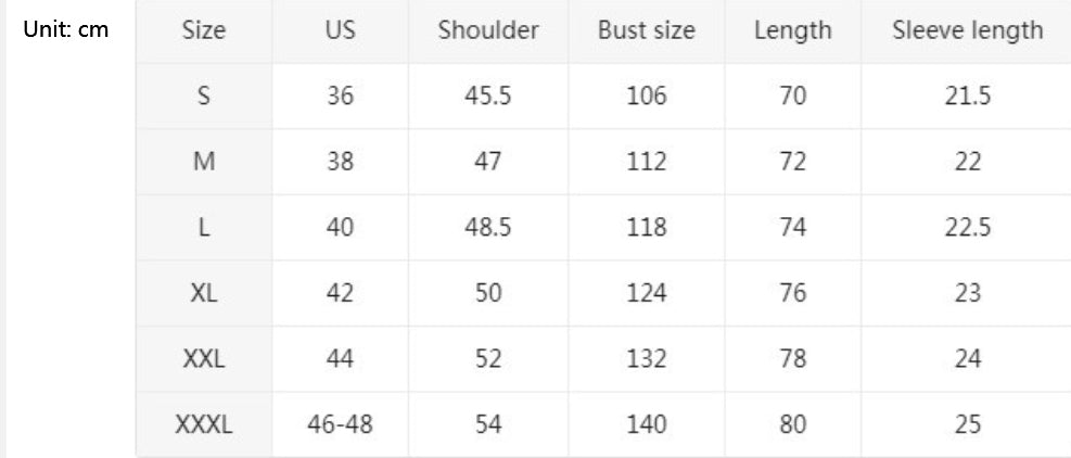 Size Chart - Men's Sports Button Pocket Short Sleeved