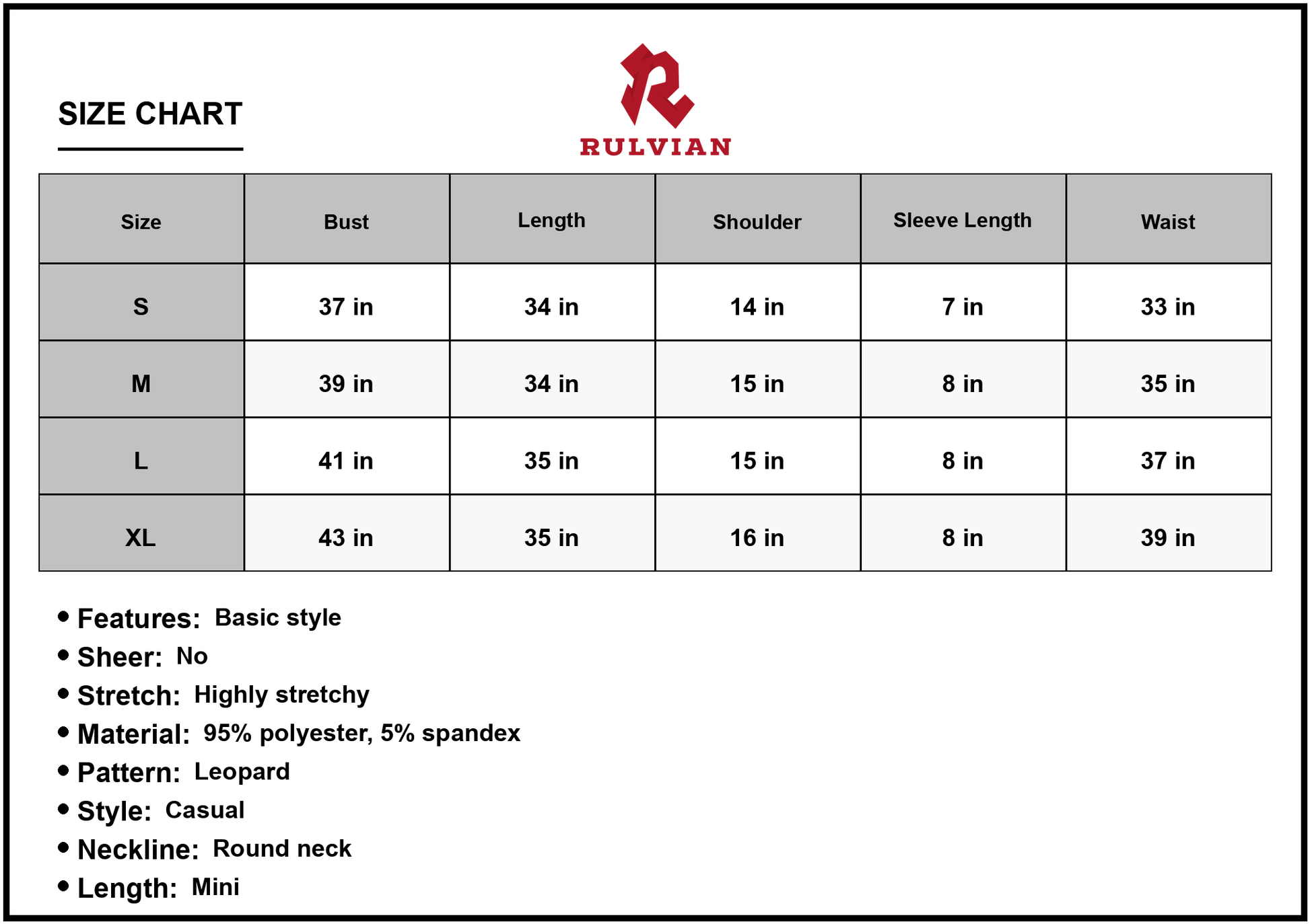 Size Chart - Women's Leopard Round Neck Short Sleeve Mini Dress Wear All Day Ninety Five Percent Polyester Five Percent Spandex