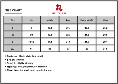 Size Chart - Women's Butterfly Square Neck Long Sleeve Dress Lace Detail Sheer Bodice Stretch Polyester 95% Elastane 5% Comfort Fit