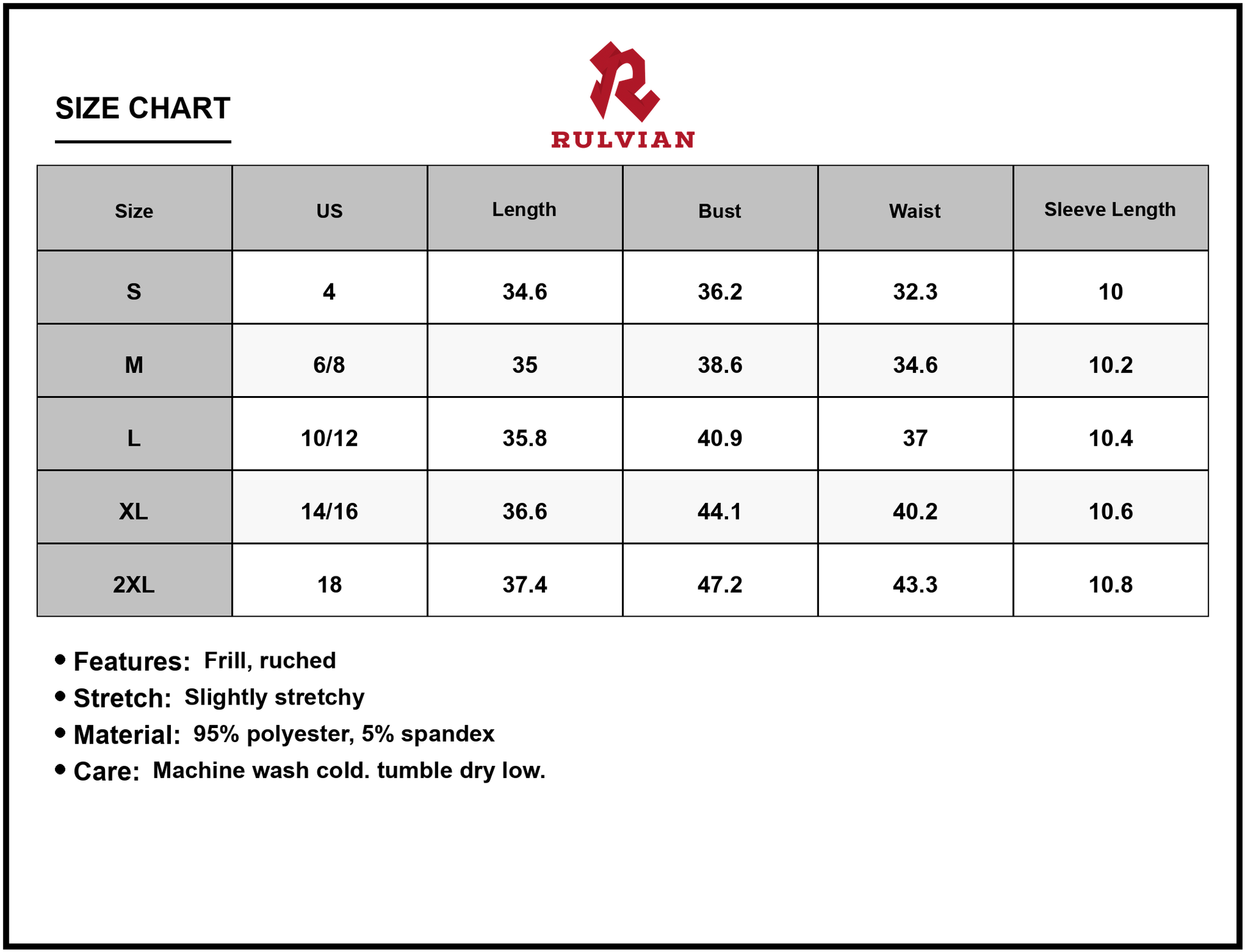 Size Chart - Women's Tiered Notched Short Sleeve Mini Dress Frill Ruched Stretch For Comfort Not Lined 95% Polyester 5% Spandex