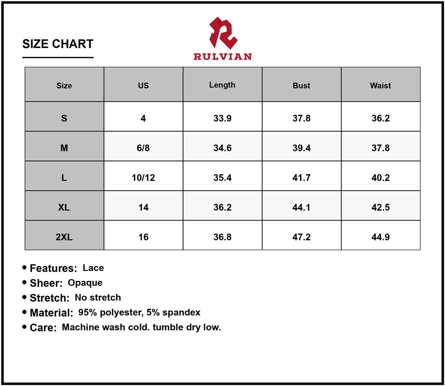 Size Chart - Women's Lace Trim Printed V Neck Three Quarter Sleeve Dress 95% Polyester 5% Spandex Comfortable Everyday Wear