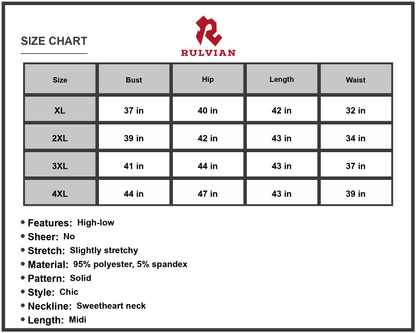 Size Chart - Women's Plus Size Spaghetti Strap Tulip Hem Dress Midi Sleeveless High Low Sweetheart Neck 95% Polyester 5% Spandex
