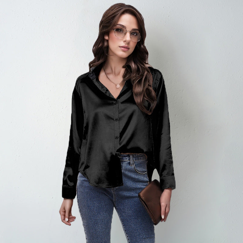 Womens Silk Like Long Sleeve Shirt Top Polyester Blend Soft Lightweight Comfort For Daily Wear Everyday Outfit