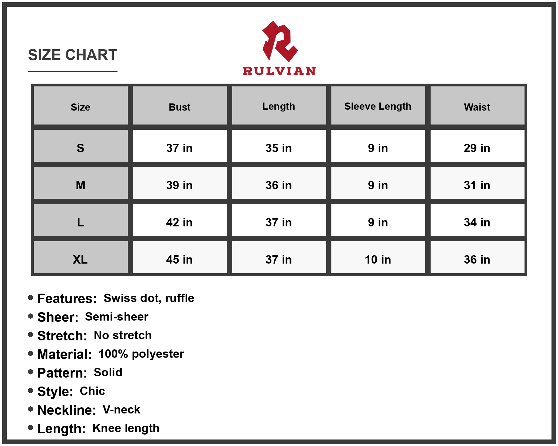 Size Chart - Women's Swiss Dot V Neck Openwork Puff Sleeve Knee Length Dress A Line Silhouette Comfortable Easy Care 100% Polyester