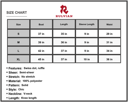 Size Chart - Women's Swiss Dot V Neck Openwork Puff Sleeve Knee Length Dress A Line Silhouette Comfortable Easy Care 100% Polyester
