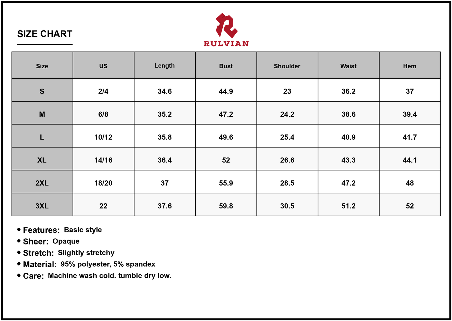 Size Chart - Women's Round Neck Short Sleeve Dress with Pockets 95% Polyester 5% Spandex Soft Stretch Easy Care Everyday Wear