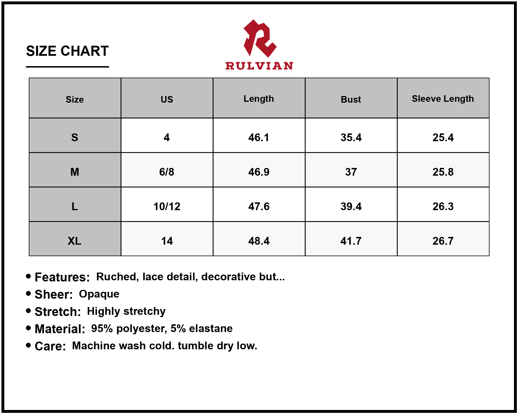 Size Chart - Women's Lace Detail V Neck Long Sleeve Midi Dress Ruched with 95% polyester and 5% elastane flattering silhouette