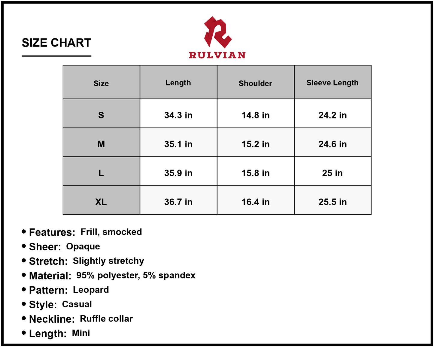 Size Chart - Women's Honey Leopard Smock Waist Long Sleeve Dress with Frill Ruffle Collar Mini A Line Hem Polyester 95% Spandex 5%