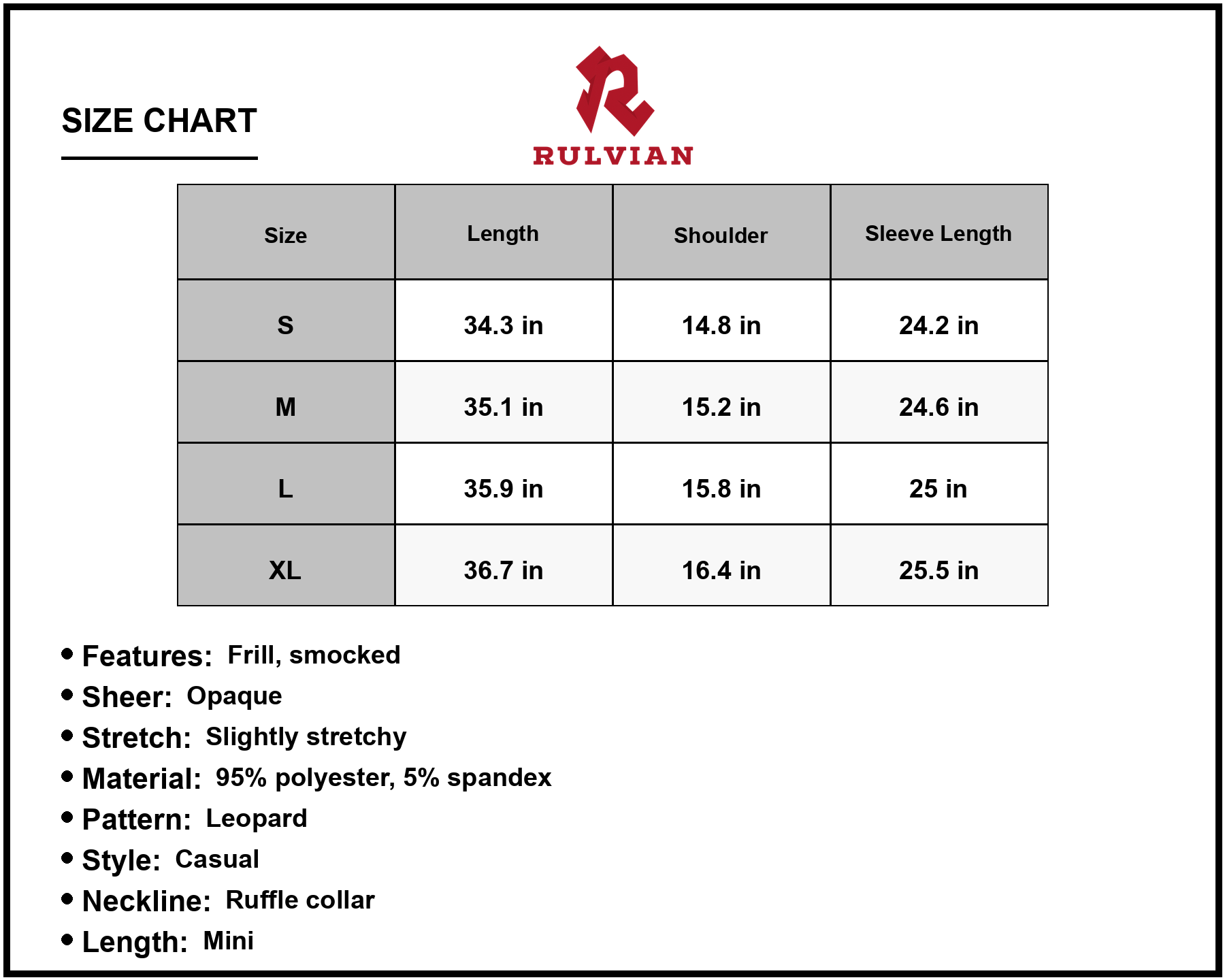 Size Chart - Women's Honey Leopard Smock Waist Long Sleeve Dress with Frill Ruffle Collar Mini A Line Hem Polyester 95% Spandex 5%