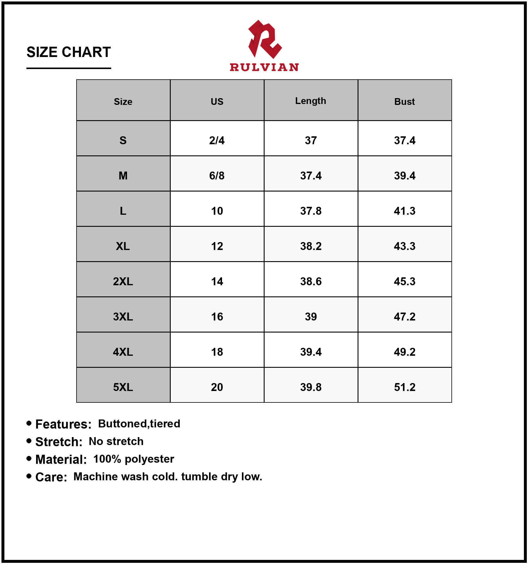 Size Chart - Women's Tiered Button Front Short Sleeve Dress in 100% Polyester with Flowy Tiered Silhouette Plus Size Full Length