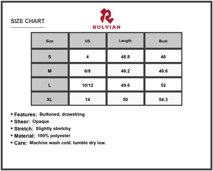 Size Chart - Women's Drawstring Collared Neck Short Sleeve Midi Dress with Buttoned Front and Sheer Detail in 100% Polyester