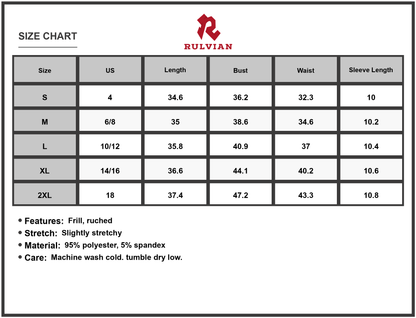 Size Chart - Women's Tiered Notched Short Sleeve Mini Dress Frill Ruched Stretch For Comfort Not Lined 95% Polyester 5% Spandex