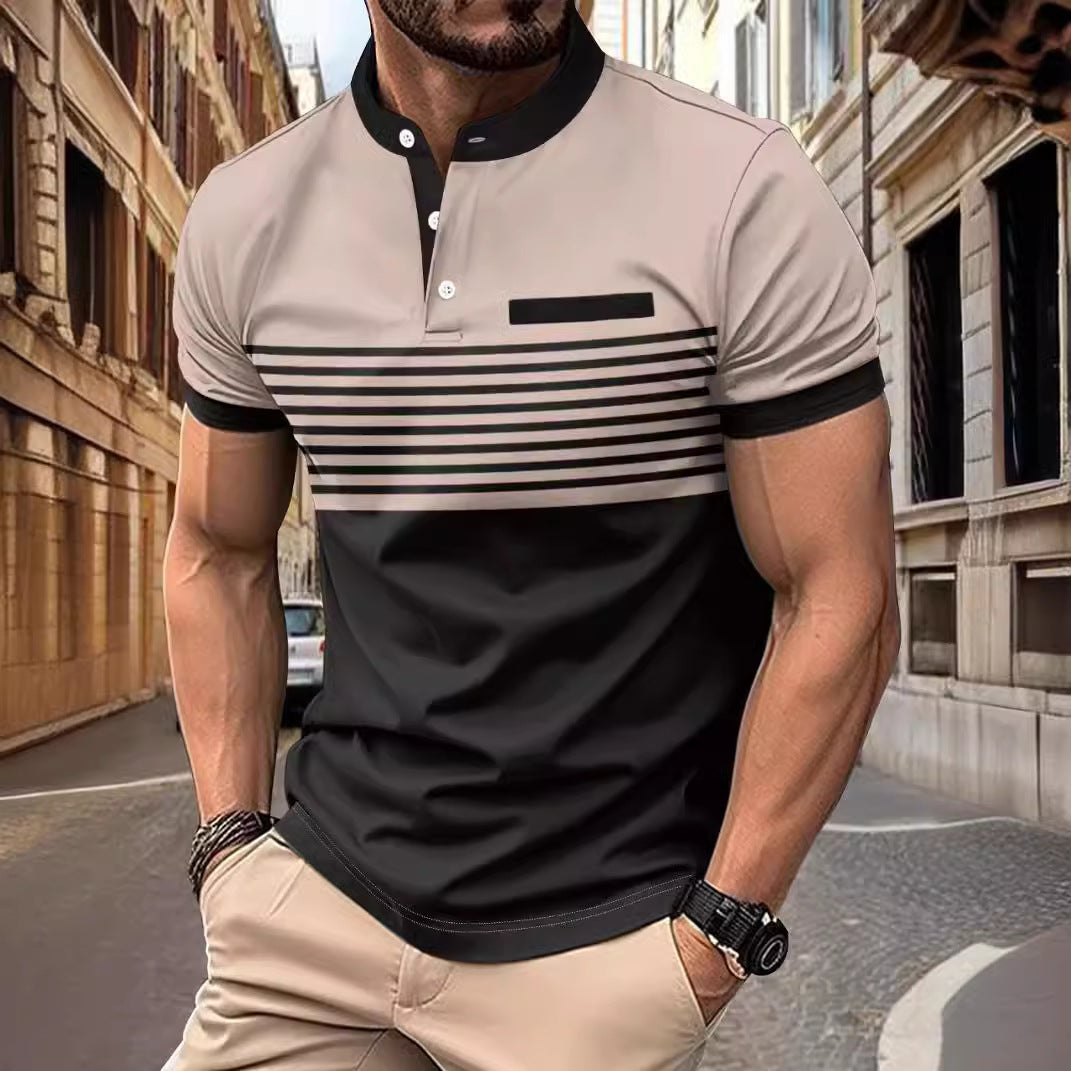 Men's Striped Stand Collar Top in White Caramel Green Khaki Orange Pink Gray Red 100% Polyester Daily Wear