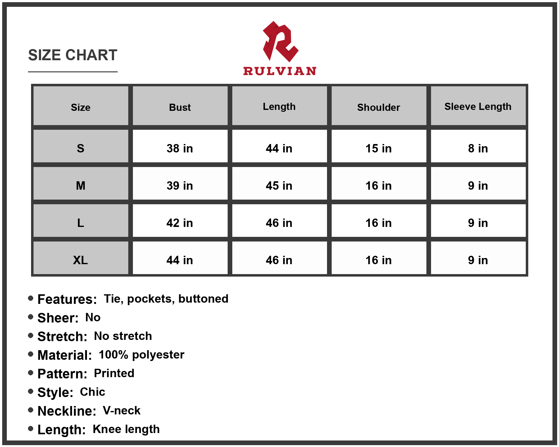 Size Chart - Women's Printed Buttoned V Neck Dress with Flutter Sleeve A Line Knee Length 100% Polyester Pockets with Tie Belt