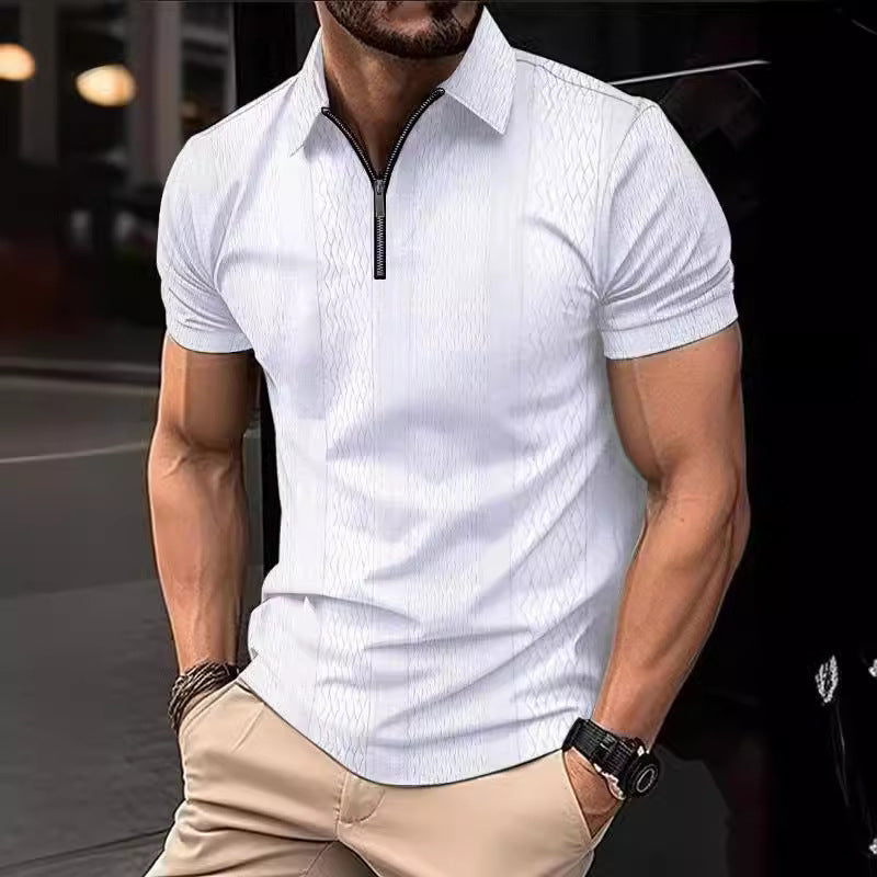 Men's Striped Printing Lapel Button Polo Shirt Leisure Fit Short Sleeve with 100% Polyester Fabric Material