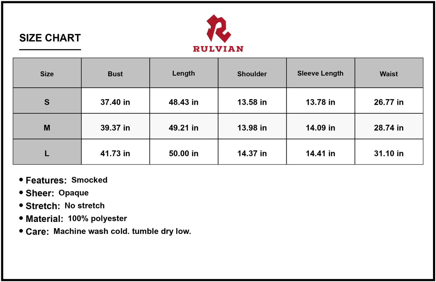 Size Chart - Women's Smocked Printed V Neck Short Sleeve Dress Flattering Fit 100% Polyester Lightweight Made for Summer Occasions