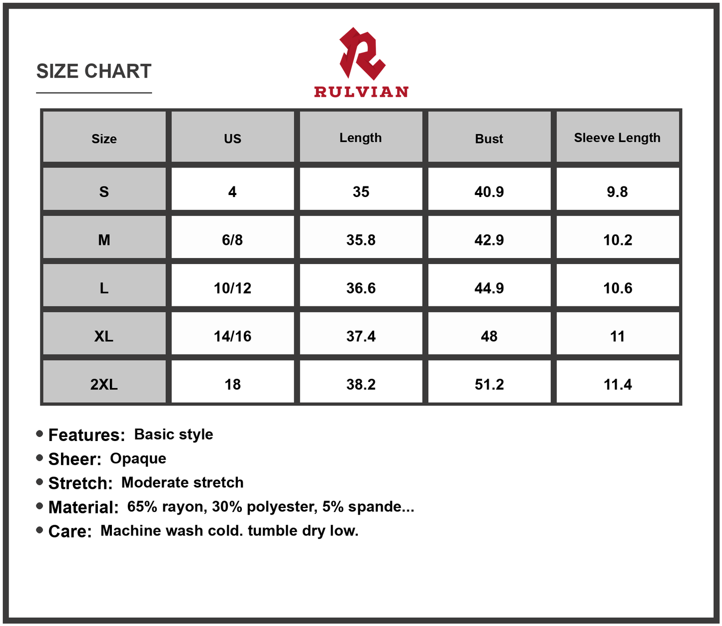 Size Chart - Women's V Neck Short Sleeve Mini Tee Dress Lightweight Stretchy Knit For Everyday Casual Wear Flattering Fit Easy Care