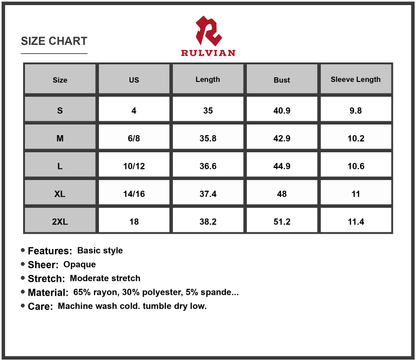 Size Chart - Women's V Neck Short Sleeve Mini Tee Dress Lightweight Stretchy Knit For Everyday Casual Wear Flattering Fit Easy Care