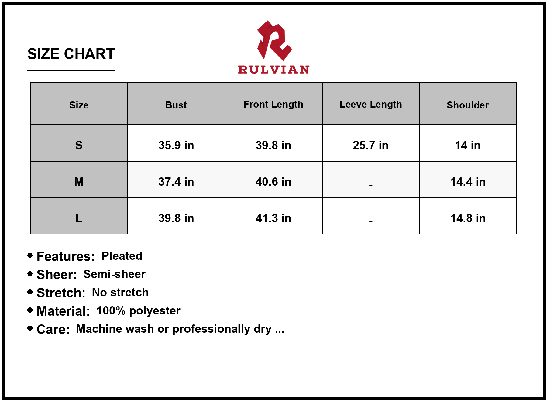 Size Chart - Women's V Neck Flounce Sleeve Pleated Dress with Semi Sheer Overlay for Everyday Wear Midi Length 100% Polyester