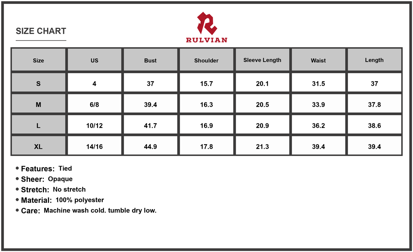 Size Chart - Women's Printed Tie Neck Three-Quarter Sleeve Mini Dress 100% Polyester Lightweight Everyday Elegant Comfort Chic