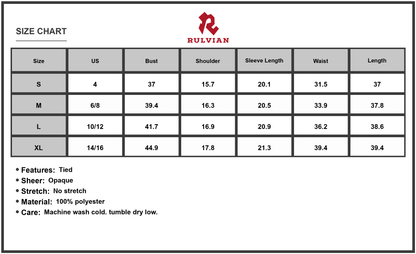 Size Chart - Women's Printed Tie Neck Three-Quarter Sleeve Mini Dress 100% Polyester Lightweight Everyday Elegant Comfort Chic