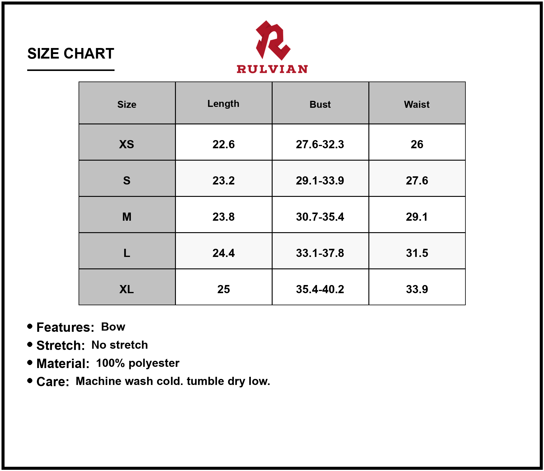 Size Chart - Womens Bow Tube A Line Mini Dress with Bow Detail Lined Bodice 100% Polyester Easy Care Everyday Wear for All Seasons