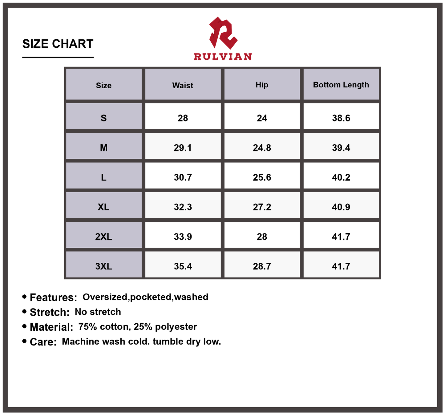 Size Chart - Men's Wide Leg Cargo Jeans Oversized Plus Size Fit Pocketed Washed Premium Quality Durable Versatile Casual Pants