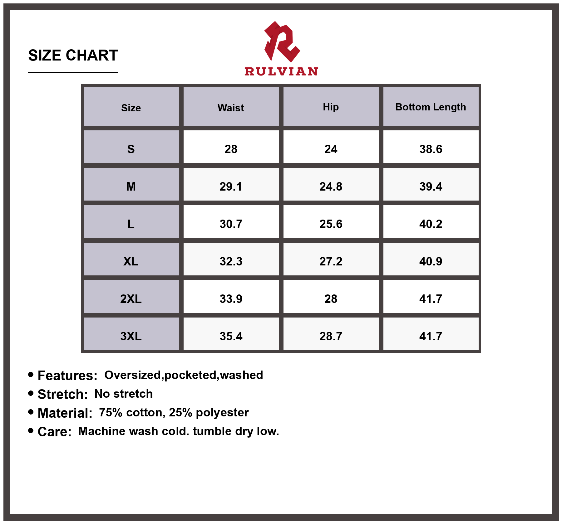 Size Chart - Men's Wide Leg Cargo Jeans Oversized Plus Size Fit Pocketed Washed Premium Quality Durable Versatile Casual Pants
