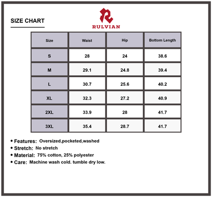 Size Chart - Men's Wide Leg Cargo Jeans Oversized Plus Size Fit Pocketed Washed Premium Quality Durable Versatile Casual Pants