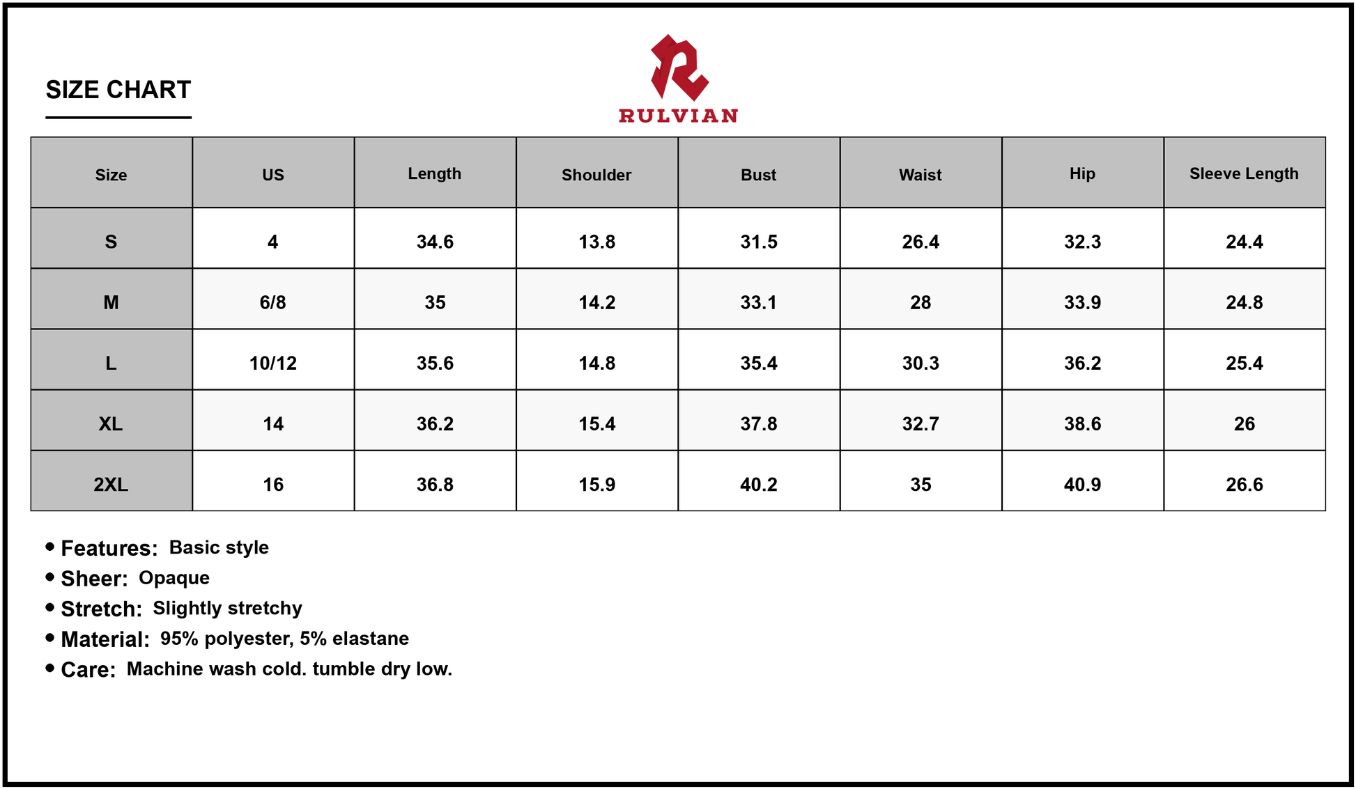 Size Chart - Women's Turtleneck Long Sleeve Mini Dress with Stretch Knit 95% Polyester 5% Elastane for Everyday Style Casual