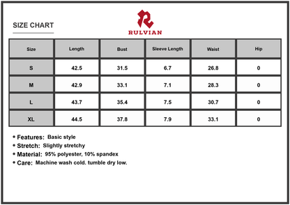 Size Chart - Women's Two Tone Short Sleeve Bodycon Dress with Stretch Ninety Five Percent Polyester and Ten Percent Spandex