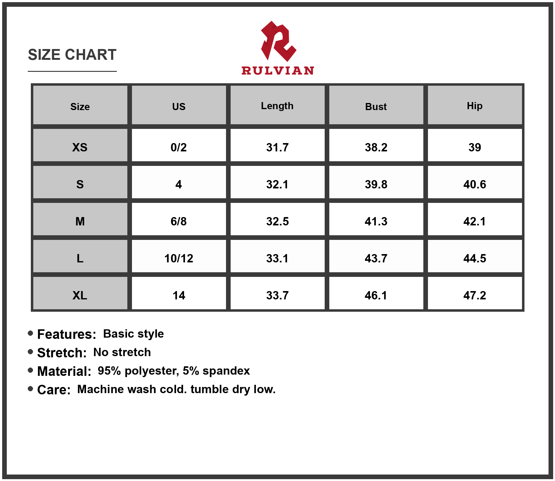 Size Chart - Men's Round Neck Short Sleeve Tee Dress with ninety five percent polyester and five percent spandex fabric for daily use