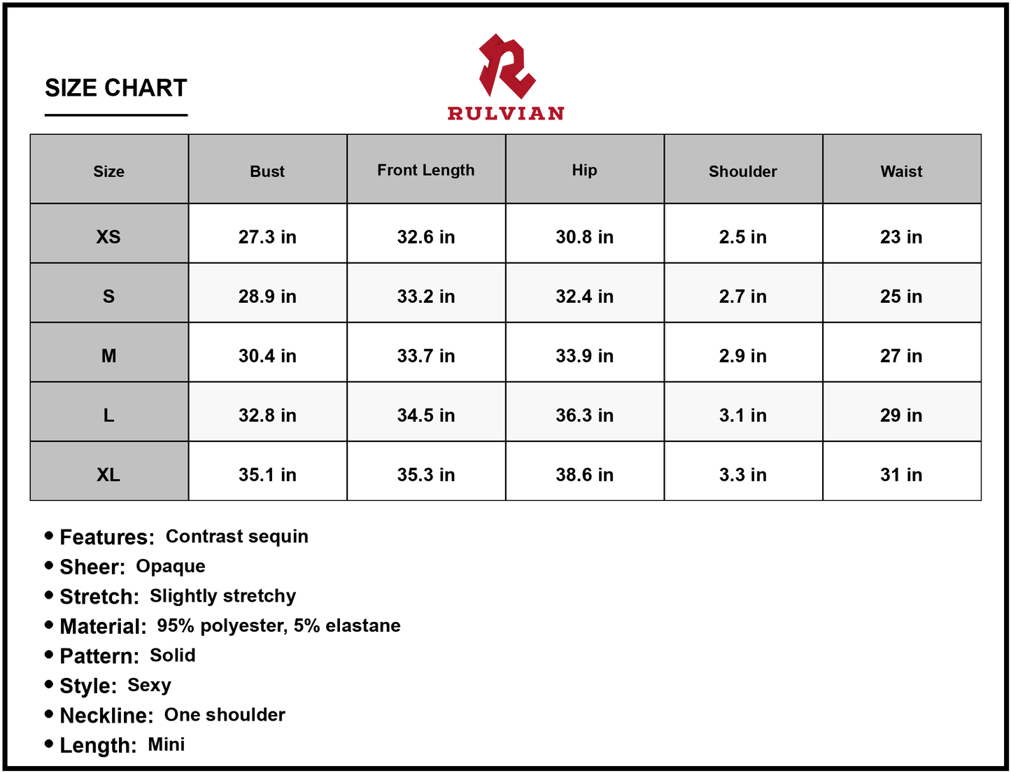 Size Chart - Women's Contrast Sequin Sleeveless Mini Dress One Shoulder Front Length Party Sparkle Look 95% Polyester 5% Elastane