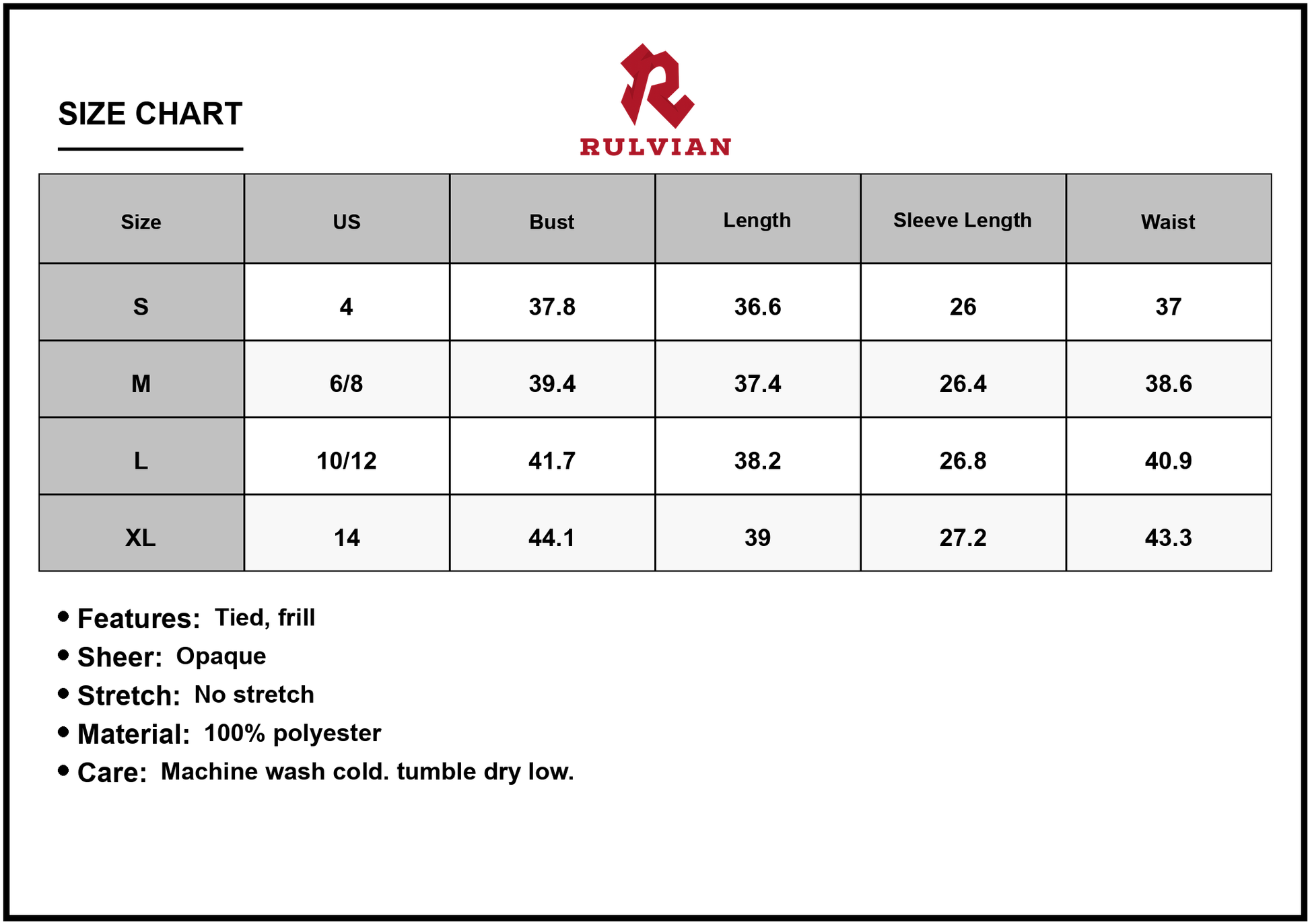 Size Chart - Womens Frill Printed Mock Neck Long Sleeve Mini Dress with Tie Detail 100% polyester Imported Flowing Daywear Everyday