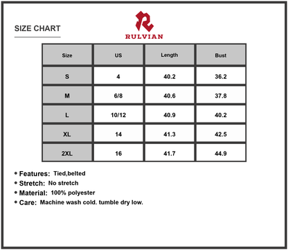 Size Chart - Women's Floral Print V Neck Belted Midi Dress with Tie Waist 100% Polyester Machine Washable Everyday Wear Easy Care