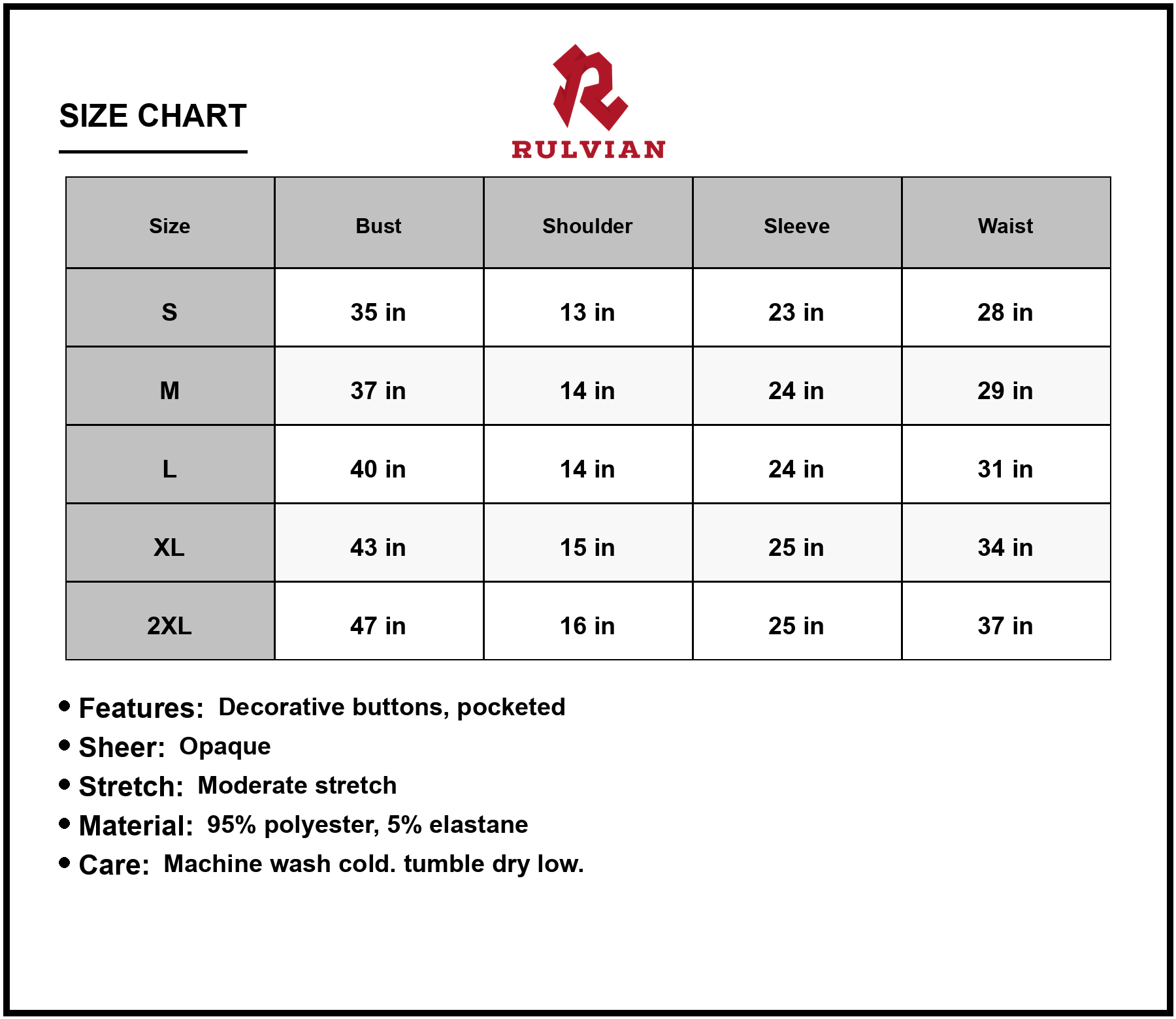 Size Chart - Women's Scoop Neck Empire Waist Long Sleeve Dress with Pockets 95% Polyester 5% Elastane Comfortable Easy Care Drapes