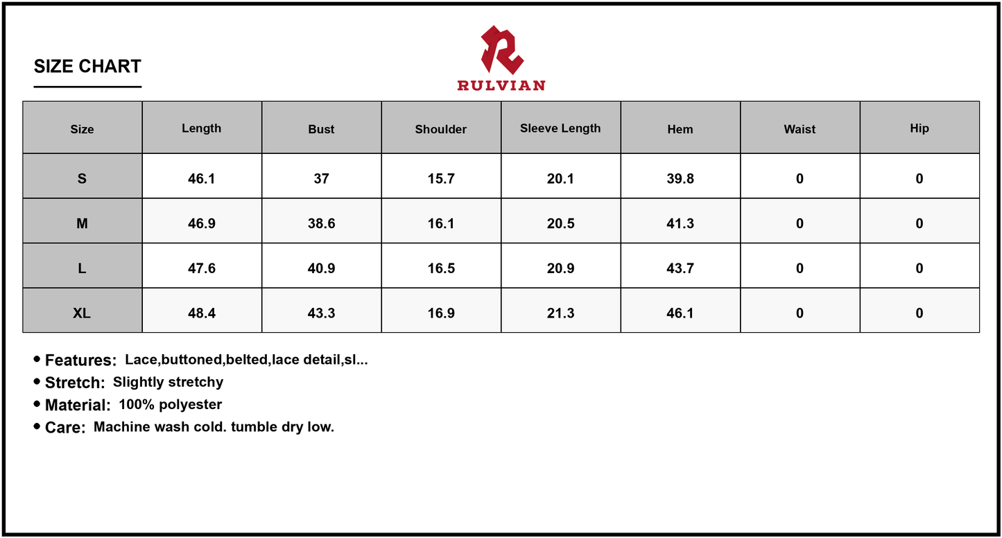 Size Chart - Women's Lace Detail Button Front Midi Dress 100% Polyester Belted Slit Stretch for Everyday Elegant Wear Chic Glam