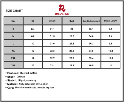 Size Chart - Women's Full Size Ruffled Off Shoulder Short Sleeve Dress with Ruched Sheer Overlay and Opaque Stretch Fabric