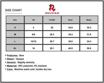 Size Chart - Women's Bow Back Square Neck Mini Dress 94% polyester 6% elastane fabric with opaque stretch and sheer bow detail