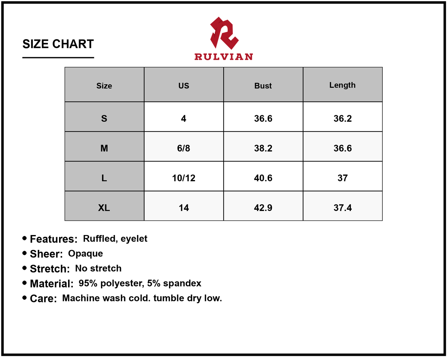 Size Chart - Women's Ruffled Eyelet Sheer Overlay Dress with Lined Bodice No Stretch 95% Polyester 5% Spandex Lightweight Elegant