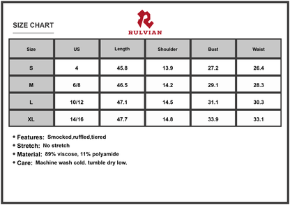 Size Chart - Women's Smocked Printed Square Neck Dress with Ruffles and Tiered Silhouette 89% viscose 11% polyamide soft breathable